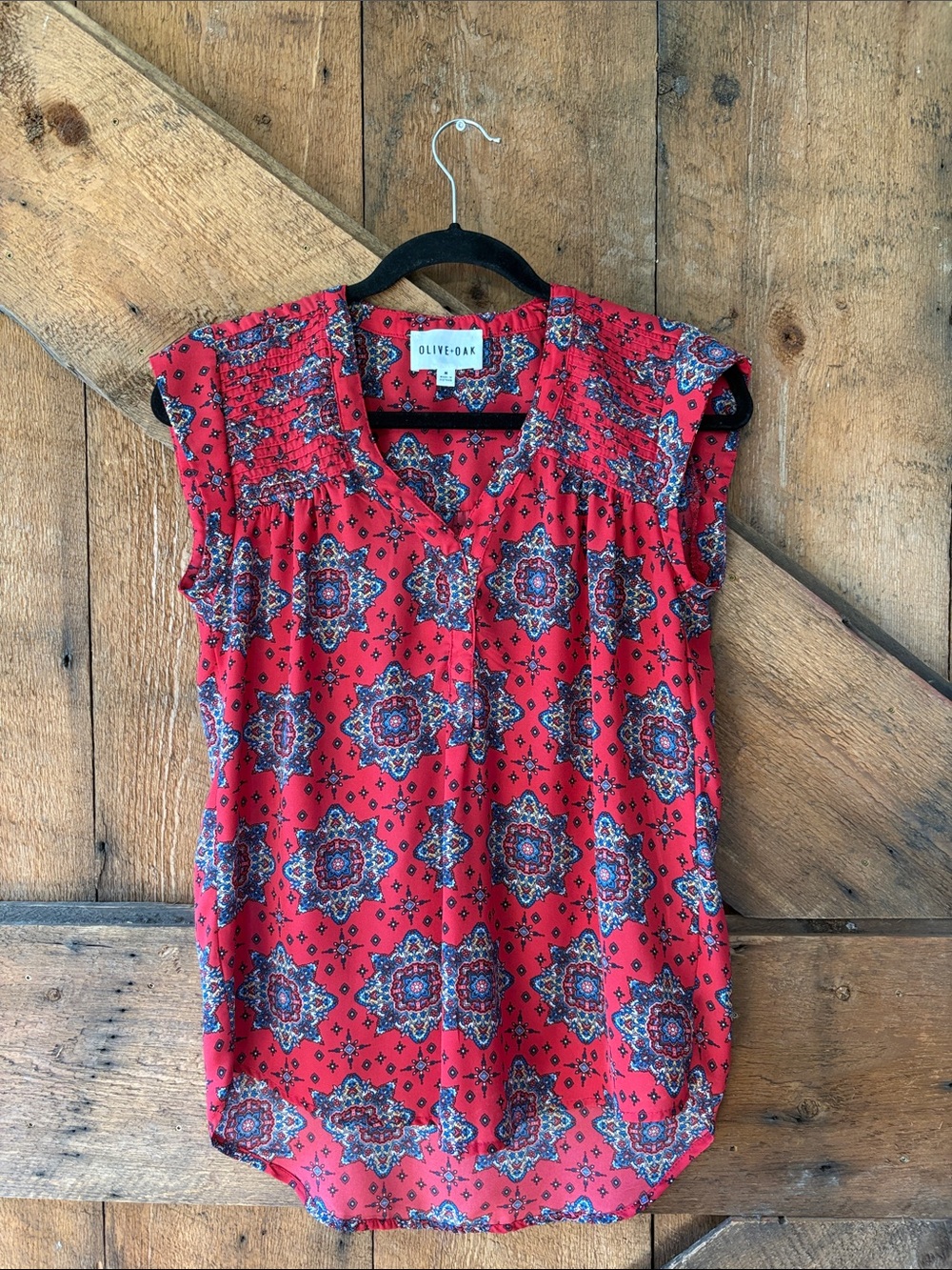 Olive & Oak Red Medallion Print Cap-Sleeve Blouse